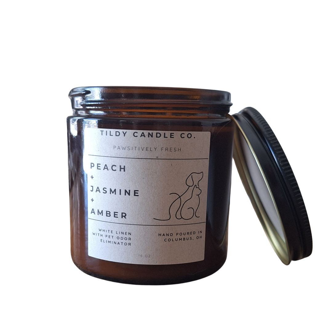 Pet Odor Eliminator Candle | Peach, Jasmine, and Amber |  Pawsitively Fresh